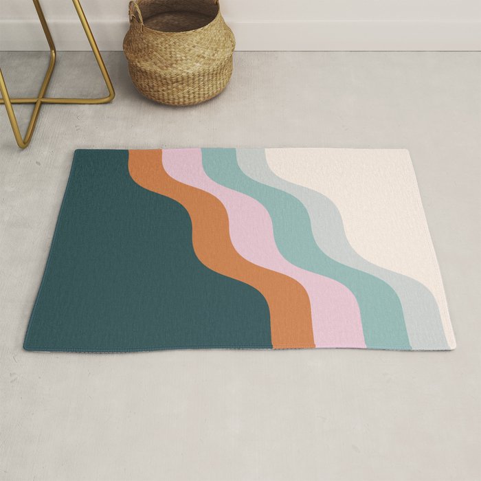 Abstract Diagonal Waves in Teal, Terracotta, and Pink Rug Gallery Image 1