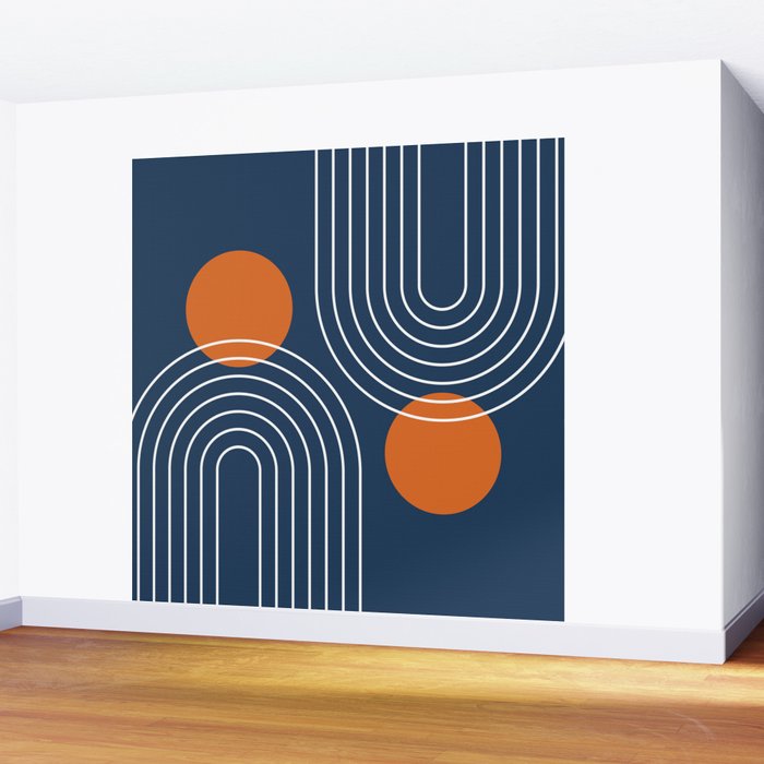Mid Century Modern Geometric 83 in Navy Blue and Orange (Rainbow and Sun Abstraction) Wall Mural Gallery Image 2