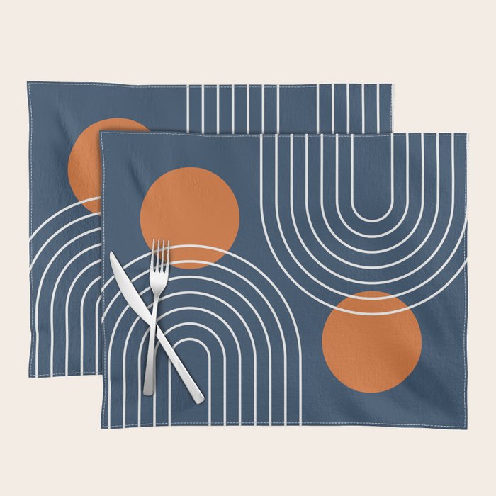 Mid Century Modern Geometric 83 in Navy Blue and Orange (Rainbow and Sun Abstraction) Placemat Gallery Image 1