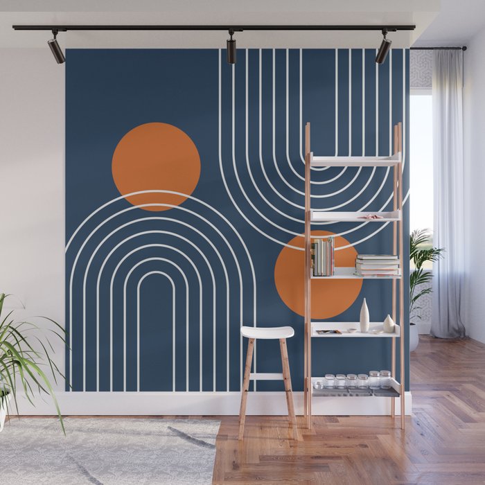 Mid Century Modern Geometric 83 in Navy Blue and Orange (Rainbow and Sun Abstraction) Wall Mural Gallery Image 1
