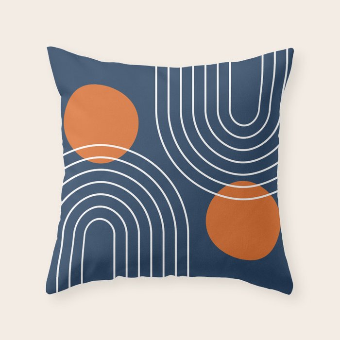 Mid Century Modern Geometric 83 in Navy Blue and Orange (Rainbow and Sun Abstraction) Throw Pillow Gallery Image 1