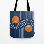 Mid Century Modern Geometric 83 in Navy Blue and Orange (Rainbow and Sun Abstraction) Tote Bag Gallery Image 1