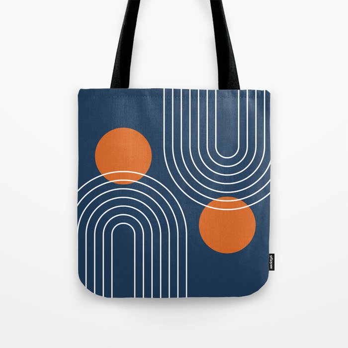 Mid Century Modern Geometric 83 in Navy Blue and Orange (Rainbow and Sun Abstraction) Tote Bag Gallery Image 1