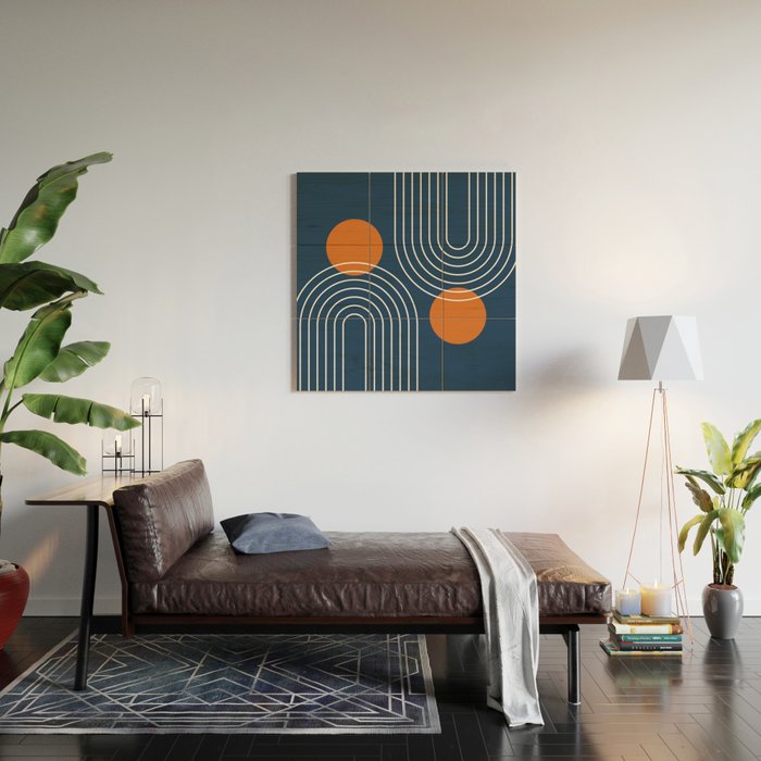 Mid Century Modern Geometric 83 in Navy Blue and Orange (Rainbow and Sun Abstraction) Wood Wall Art Gallery Image 2