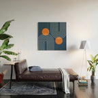 Mid Century Modern Geometric 83 in Navy Blue and Orange (Rainbow and Sun Abstraction) Wood Wall Art Gallery Image 2