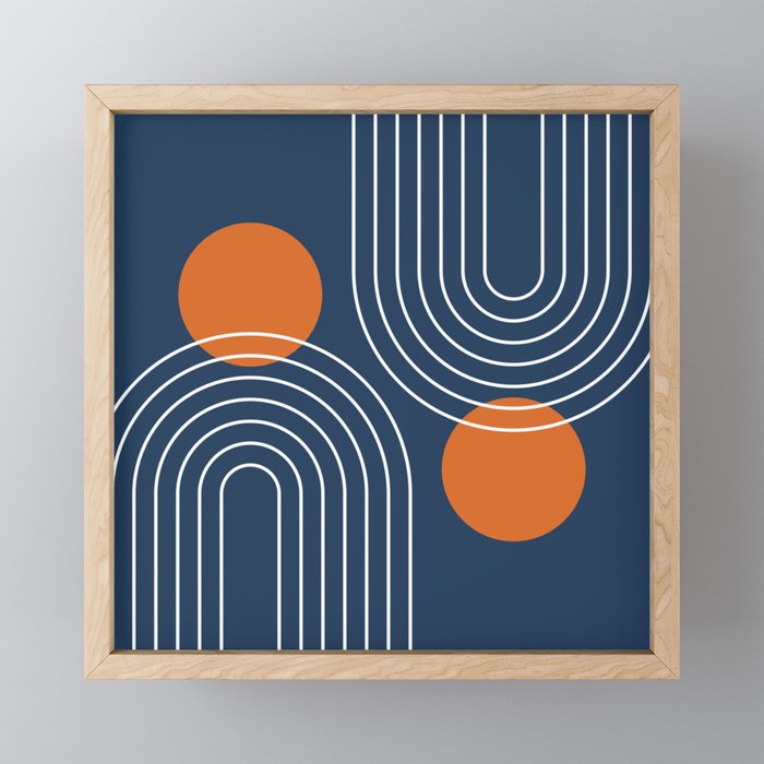 Mid Century Modern Geometric 83 in Navy Blue and Orange (Rainbow and Sun Abstraction) Mini Art Print Gallery Image 1