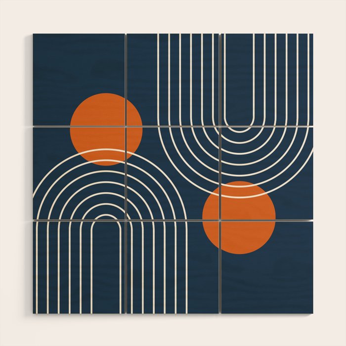 Mid Century Modern Geometric 83 in Navy Blue and Orange (Rainbow and Sun Abstraction) Wood Wall Art Gallery Image 1
