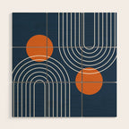 Mid Century Modern Geometric 83 in Navy Blue and Orange (Rainbow and Sun Abstraction) Wood Wall Art Gallery Image 1