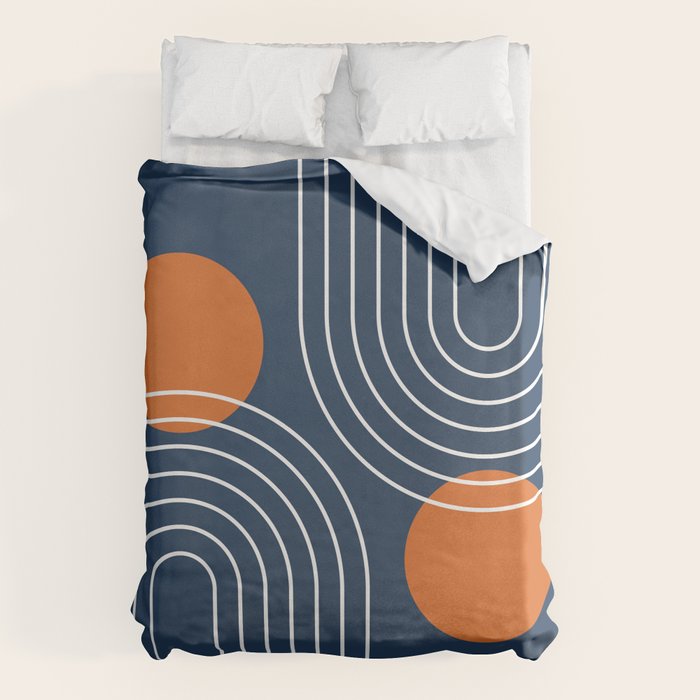 Mid Century Modern Geometric 83 in Navy Blue and Orange (Rainbow and Sun Abstraction) Duvet Cover Gallery Image 6