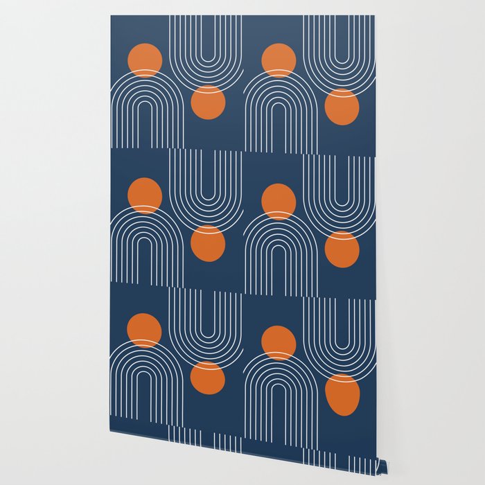 Mid Century Modern Geometric 83 in Navy Blue and Orange (Rainbow and Sun Abstraction) Wallpaper Gallery Image 2
