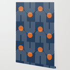 Mid Century Modern Geometric 83 in Navy Blue and Orange (Rainbow and Sun Abstraction) Wallpaper Gallery Image 2
