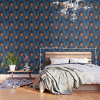 Mid Century Modern Geometric 83 in Navy Blue and Orange (Rainbow and Sun Abstraction) Wallpaper Gallery Image 3