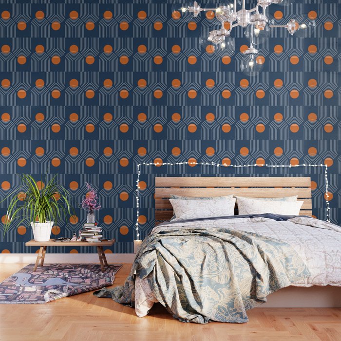 Mid Century Modern Geometric 83 in Navy Blue and Orange (Rainbow and Sun Abstraction) Wallpaper Gallery Image 3