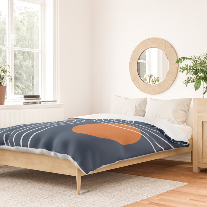 Mid Century Modern Geometric 83 in Navy Blue and Orange (Rainbow and Sun Abstraction) Duvet Cover Gallery Image 2