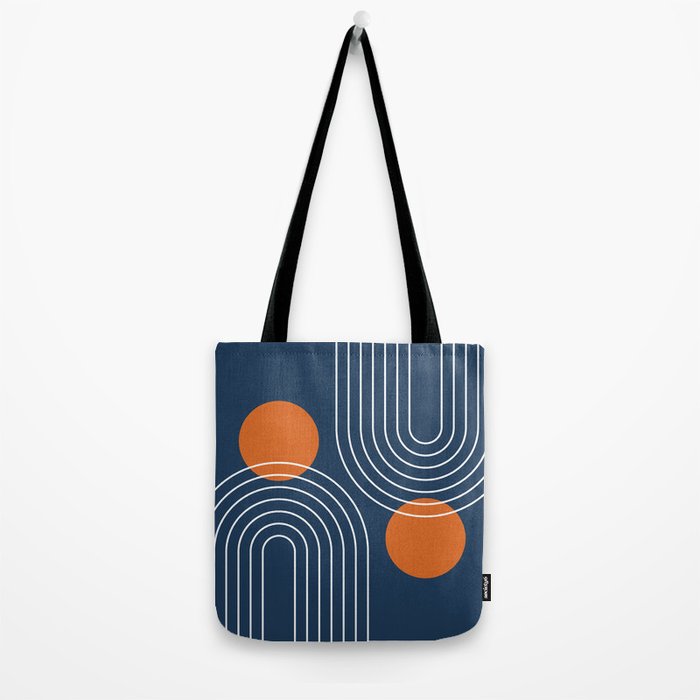 Mid Century Modern Geometric 83 in Navy Blue and Orange (Rainbow and Sun Abstraction) Tote Bag Gallery Image 2