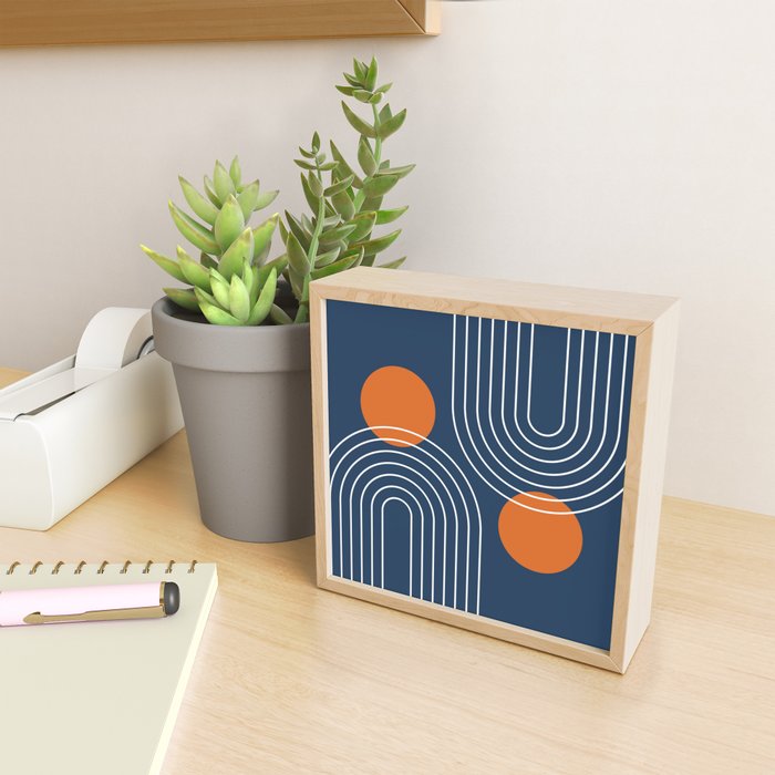 Mid Century Modern Geometric 83 in Navy Blue and Orange (Rainbow and Sun Abstraction) Mini Art Print Gallery Image 2