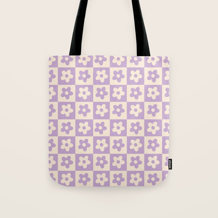 90s flowers checkers cream and lilac Tote Bag Gallery Image 1