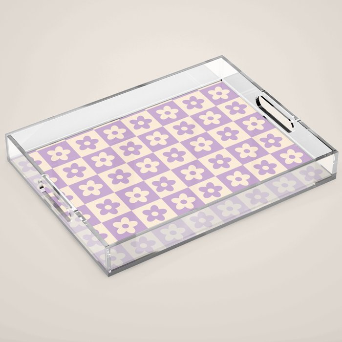 90s flowers checkers cream and lilac Acrylic Tray Gallery Image 1