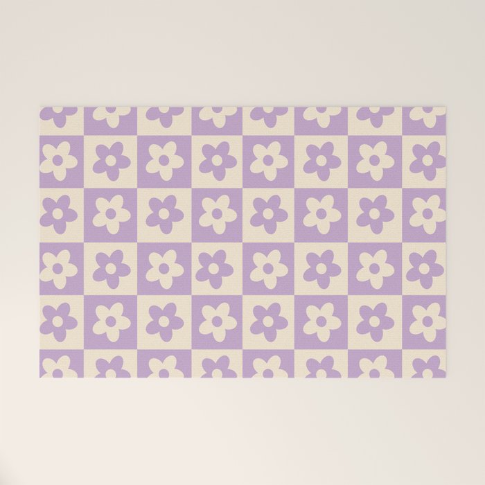 90s flowers checkers cream and lilac Welcome Mat Gallery Image 1
