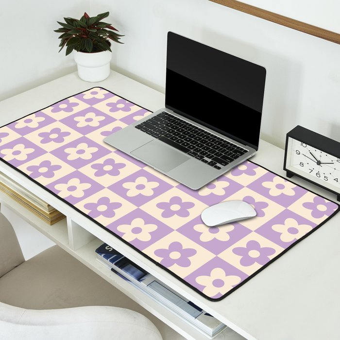 90s flowers checkers cream and lilac Desk Mat Gallery Image 2