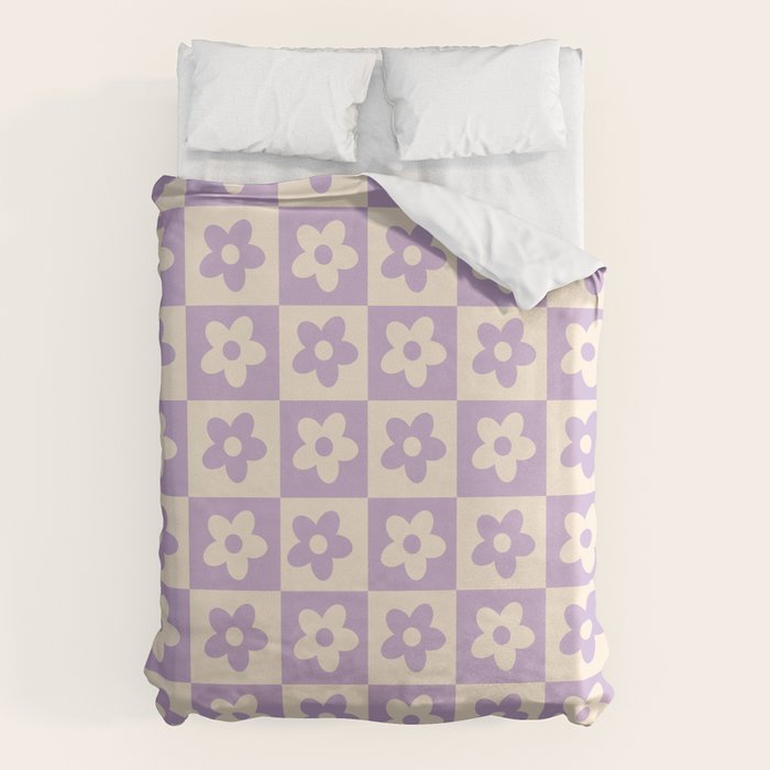 90s flowers checkers cream and lilac Duvet Cover Gallery Image 6