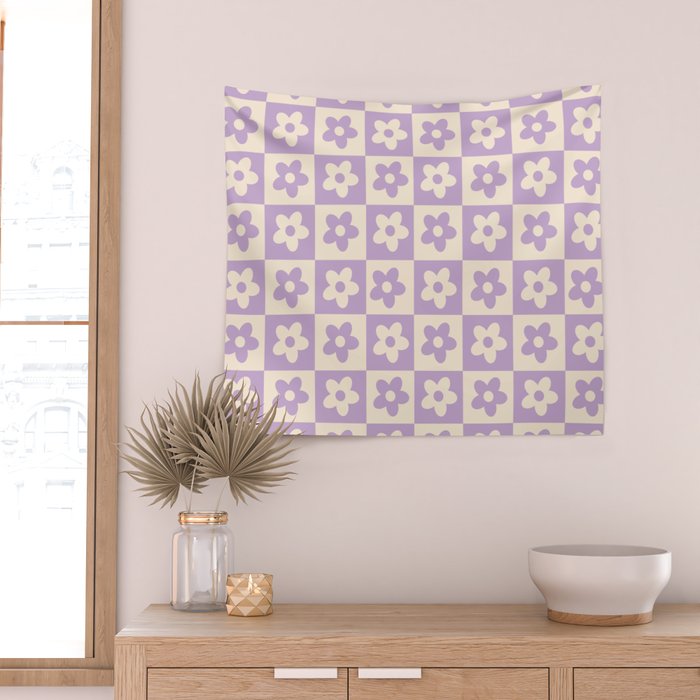 90s flowers checkers cream and lilac Wall Tapestry Gallery Image 2