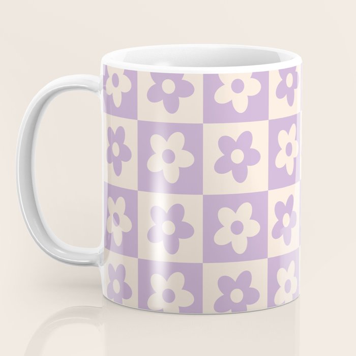 90s flowers checkers cream and lilac Coffee Mug Gallery Image 3