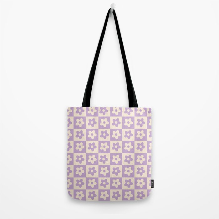 90s flowers checkers cream and lilac Tote Bag Gallery Image 2