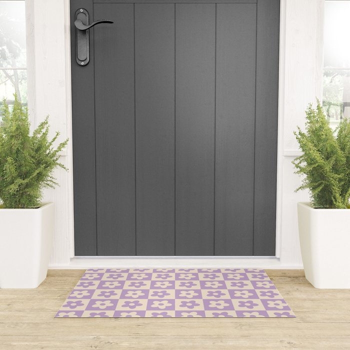 90s flowers checkers cream and lilac Welcome Mat Gallery Image 3