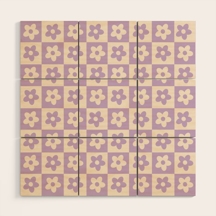 90s flowers checkers cream and lilac Wood Wall Art Gallery Image 1