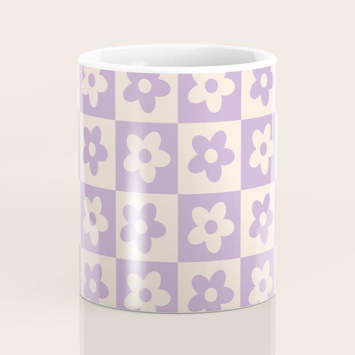 90s flowers checkers cream and lilac Coffee Mug Gallery Image 4