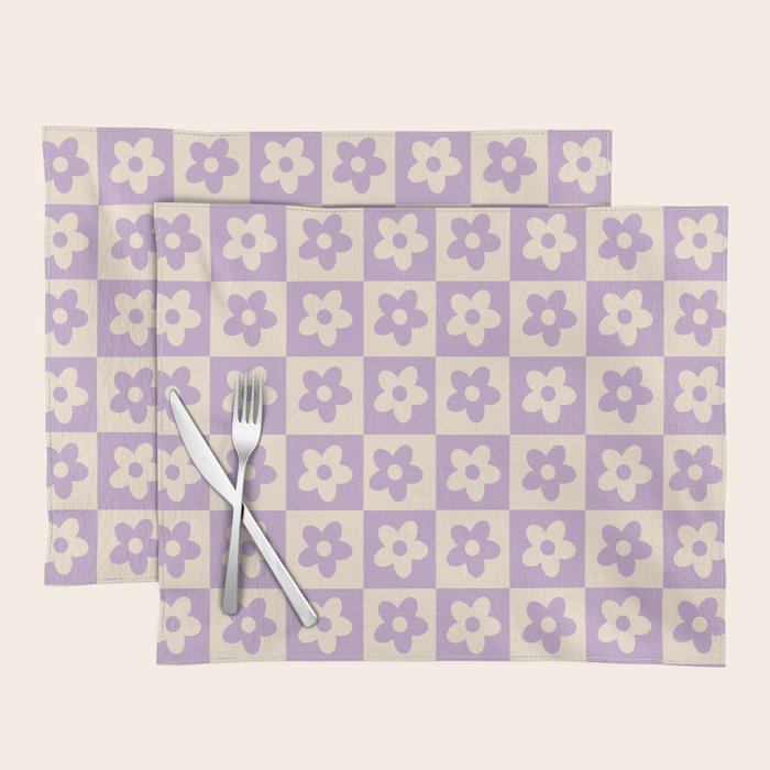 90s flowers checkers cream and lilac Placemat Gallery Image 1