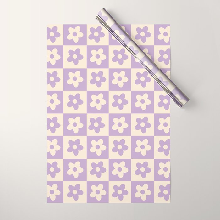 90s flowers checkers cream and lilac Wrapping Paper Gallery Image 1