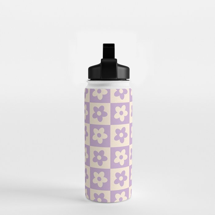 90s flowers checkers cream and lilac Water Bottle Gallery Image 2