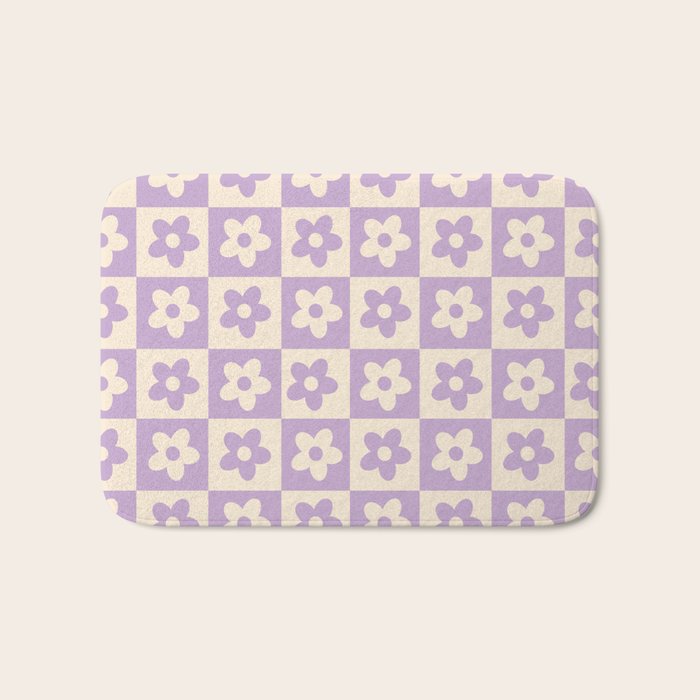 90s flowers checkers cream and lilac Bath Mat Gallery Image 1