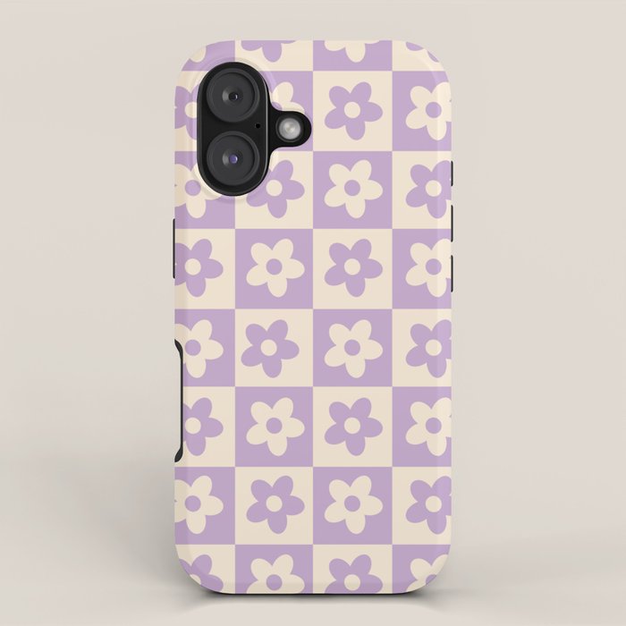 90s flowers checkers cream and lilac iPhone Case Gallery Image 1