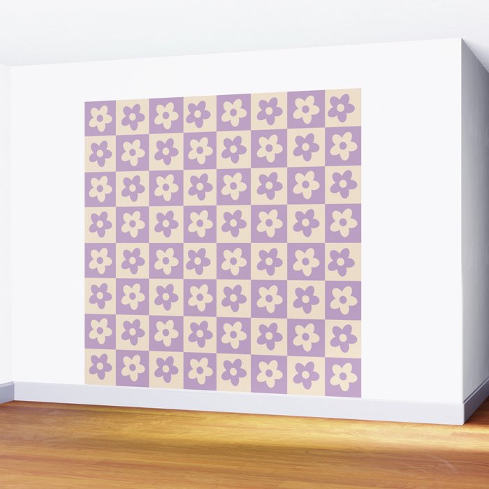 90s flowers checkers cream and lilac Wall Mural Gallery Image 2