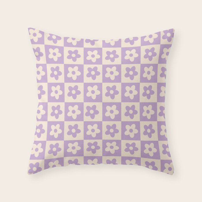90s flowers checkers cream and lilac Throw Pillow Gallery Image 6