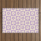 90s flowers checkers cream and lilac Outdoor Rug Gallery Image 1