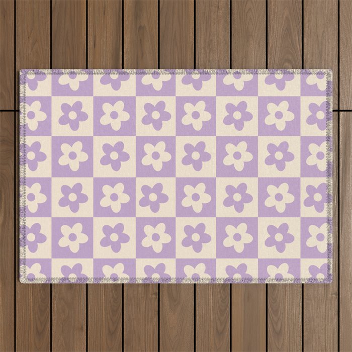 90s flowers checkers cream and lilac Outdoor Rug Gallery Image 1