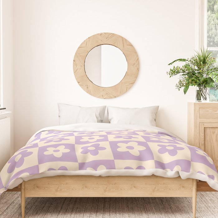 90s flowers checkers cream and lilac Duvet Cover Gallery Image 3