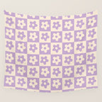 90s flowers checkers cream and lilac Wall Tapestry Gallery Image 4