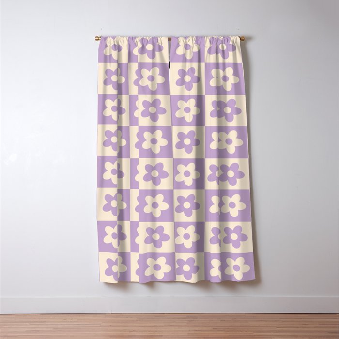 90s flowers checkers cream and lilac Window Curtain Gallery Image 3