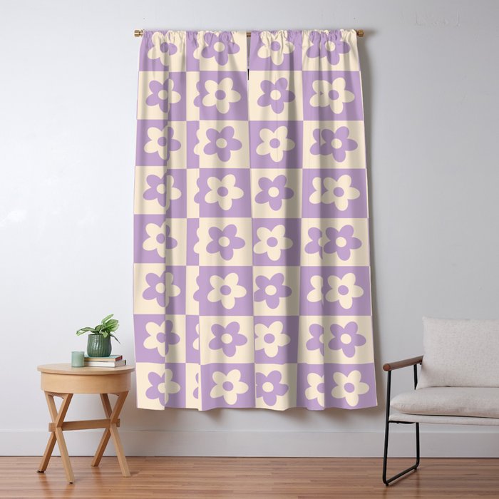 90s flowers checkers cream and lilac Window Curtain Gallery Image 1