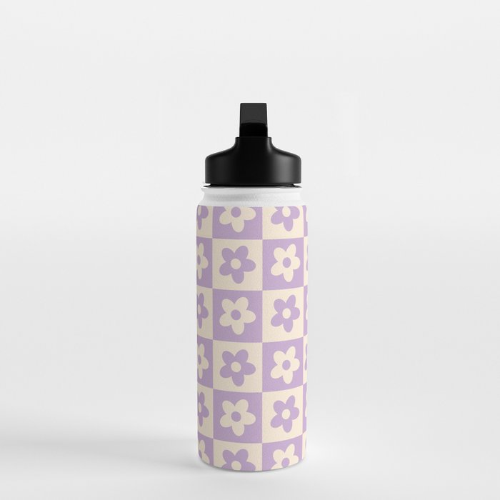 90s flowers checkers cream and lilac Water Bottle Gallery Image 3