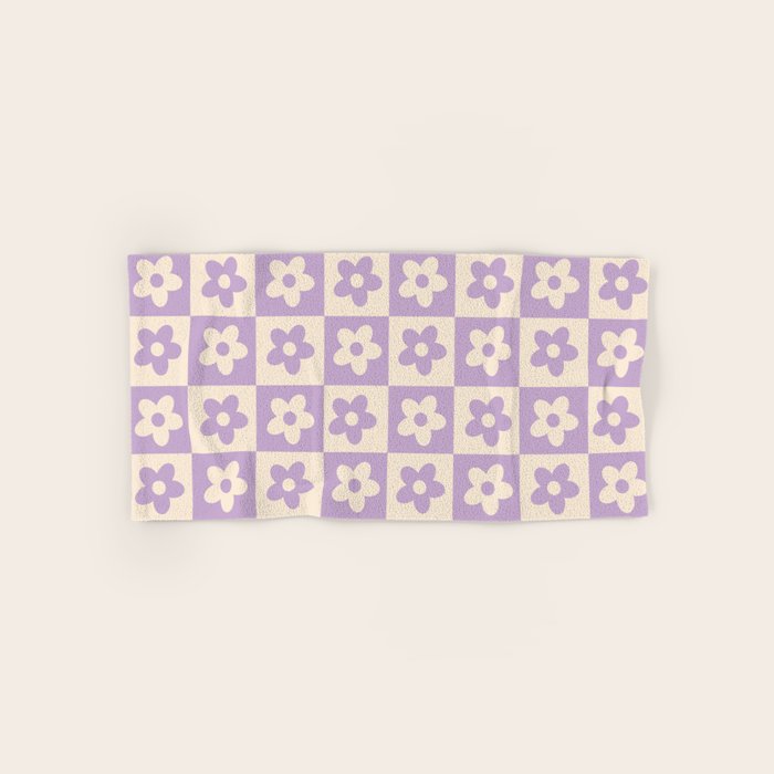 90s flowers checkers cream and lilac Bath Towel Gallery Image 1