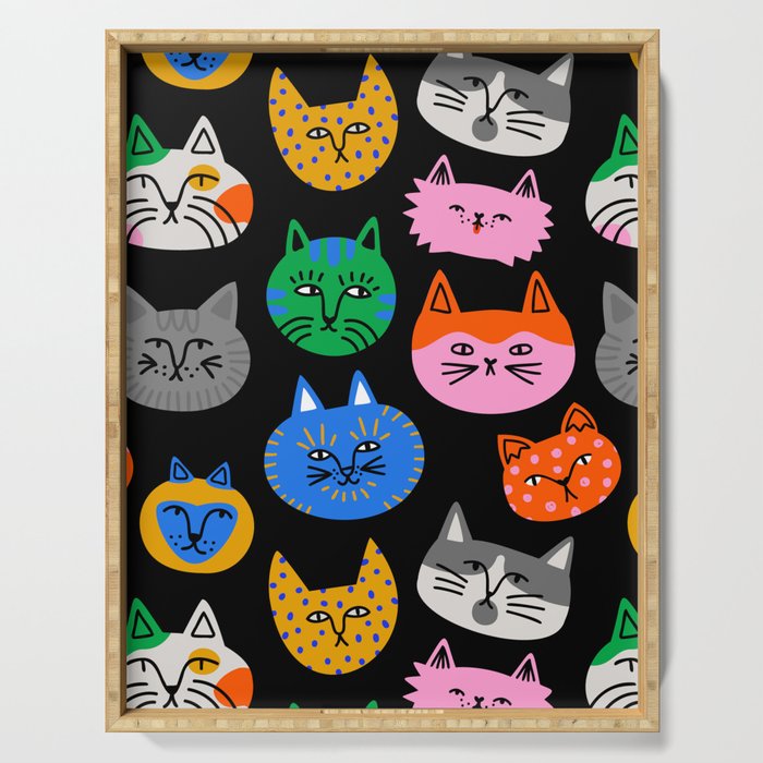 Funny colorful cat cartoon pattern Serving Tray Gallery Image 1