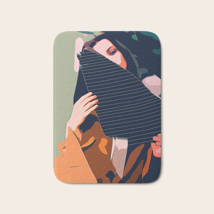 Don't Be Shy, Bohemian Woman Fashion Illustration, Eclectic Tropical Banana Leaves Feminism Bath Mat Gallery Image 1