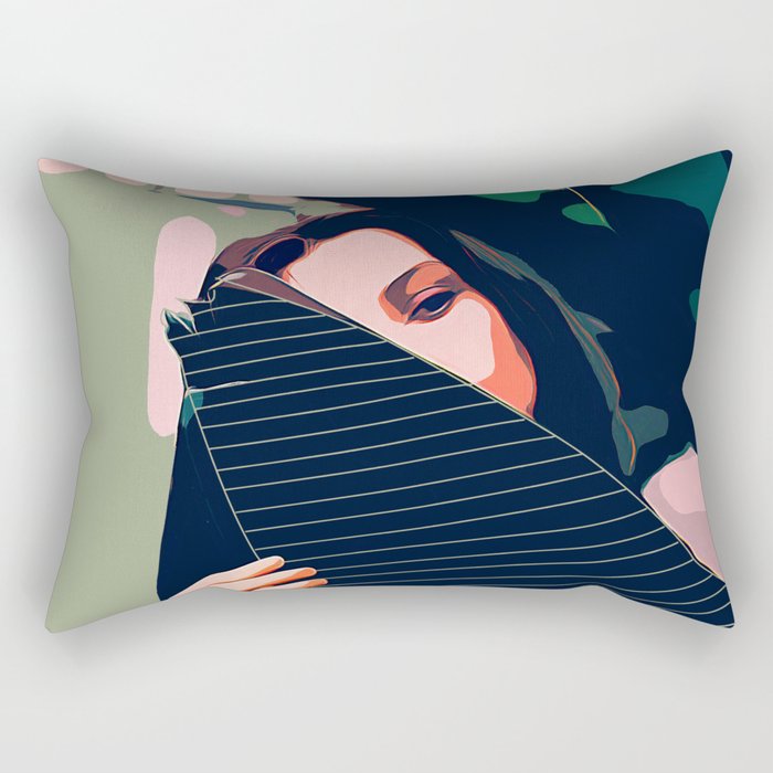 Don't Be Shy, Bohemian Woman Fashion Illustration, Eclectic Tropical Banana Leaves Feminism Rectangular Pillow Gallery Image 2