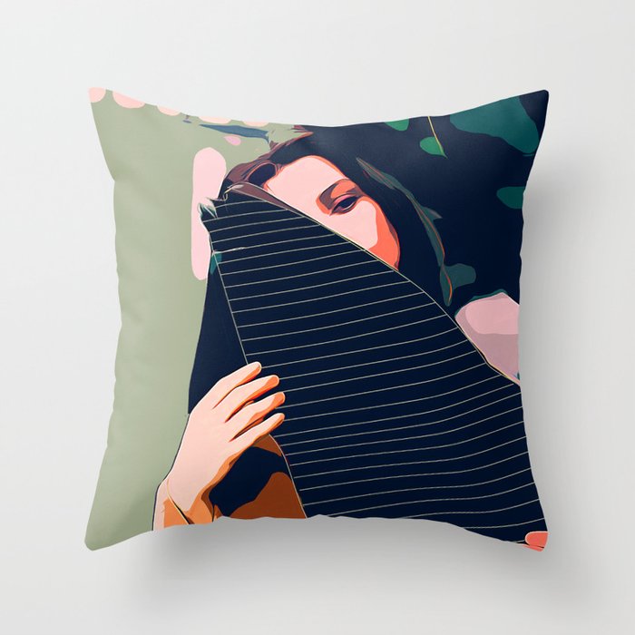 Don't Be Shy, Bohemian Woman Fashion Illustration, Eclectic Tropical Banana Leaves Feminism Throw Pillow Gallery Image 6